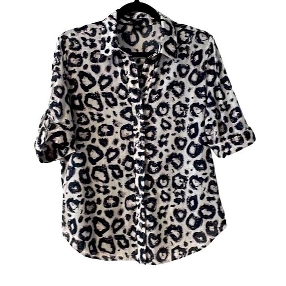 Ann Taylor white & black abstract print light cotton short sleeve blouse 12 - Picture 1 of 11